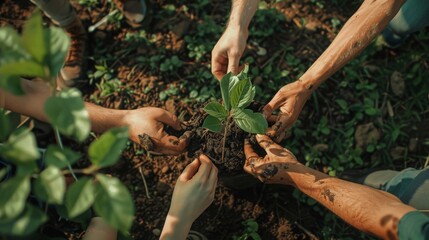 A team of environmentalists planting trees, working together to promote sustainability, dedicated and passionate