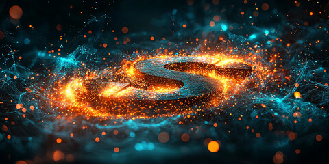 Glowing Dollar Sign with Abstract Digital Elements on Dark Background