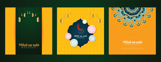 Wall Mural - Eid, e, Milad, un-Nabi, wishes or greeting social media feed template three post or banner yellow and premium design with mandala Vector illustration