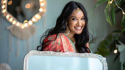 Poster - Indian woman wearing red and yellow suit frock, festival look, holding white board,