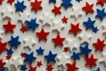 A patriotic array of scattered red, white, and blue stars on a clean white backdrop