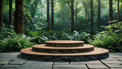 podium in the green forest for a product display stand, green forest, and blurred background, natural scenery landscape, Stone tabletop podium floor in an outdoor tropical garden forest 