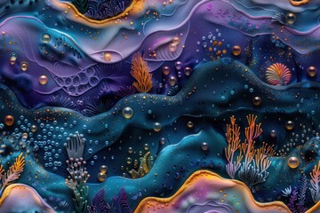 Abstract Underwater Scene with Wavy Lines and Bubbles