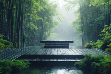 Poster - Serene Bamboo Forest with Wooden Platform and Fog