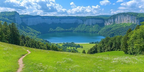 Wall Mural - Scenic Path through Lush Green Valley Leading to a Picturesque Blue Lake Surrounded by Majestic Cliffs under a Clear Blue Sky