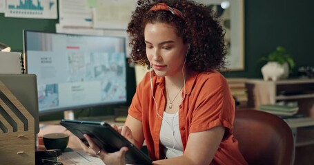 Poster - Earphones, tablet and woman in office for web design with user interface, online site and programming. Developer, creative agency and person with music on digital tech for website, template and ideas