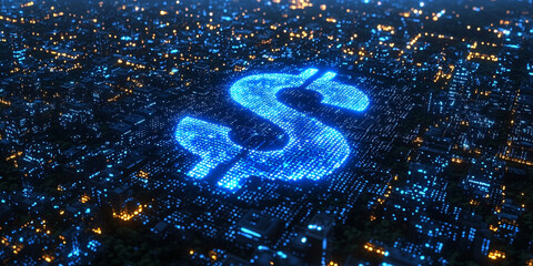 Glowing Dollar Sign with Abstract Digital Elements on Dark Background