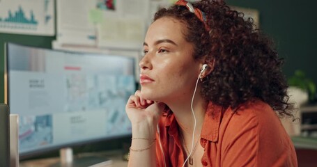 Poster - Woman, earphones and audio in office, computer and technology for podcast streaming. Happy, creative and art director with music for relax, stress relief and online radio or seminar for female person
