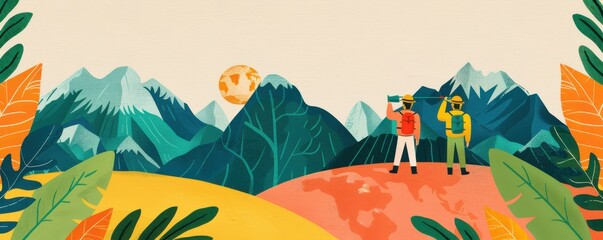 Two explorers stand on a colorful landscape, surrounded by mountains and foliage, capturing the beauty of nature under a bright moon.