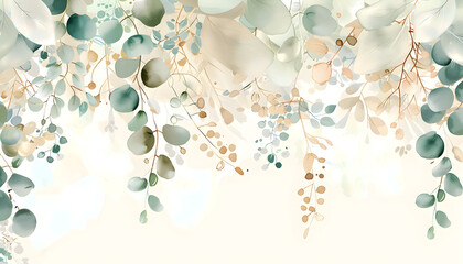 Wall Mural - Watercolor painting of eucalyptus leaves in shades of green and beige.