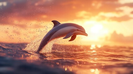 Dolphin leaping out of the ocean at sunset, capturing the serene beauty of nature and the vibrant colors of the sky.