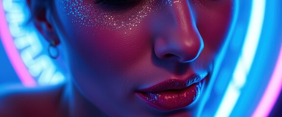 Poster - Close-up of Woman's Lips with Glitter Under Neon Lights.