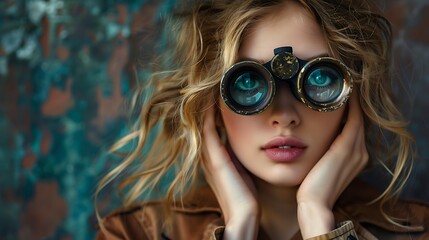 Portrait of a woman with blonde hair looking through binoculars with a curious expression.