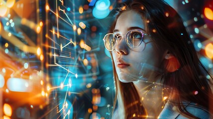 Poster - Woman in glasses gazes at a futuristic interface, showcasing a complex network of data and digital elements.
