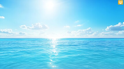 A serene ocean landscape under a bright blue sky, featuring shimmering water and soft clouds, perfect for tranquil imagery.