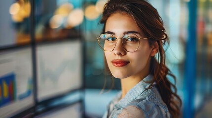 Portrait of a young woman wearing glasses in a professional office setting a confident and focused expression and appears to be working at a desk with computers.