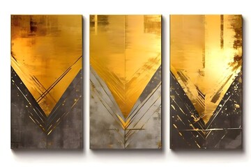 Set of three abstract illustration wall art posters with geometric vivid gold and ash colors mix shape textures luxury design