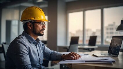 Architect construction engineer working with laptop in office