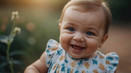 Wall Mural - Closeup portrait of beautiful laughing smiling cute baby on blurry background. Funny childhood infant concept