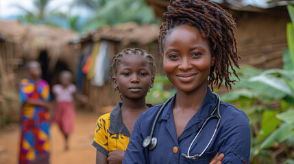 A woman with a stethoscope is smiling at the camera. She is standing next to a young girl