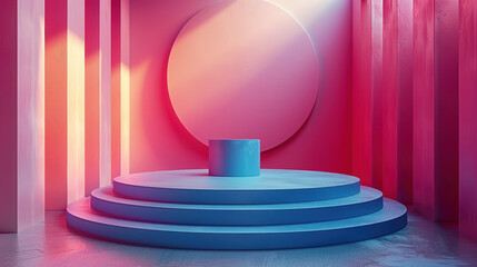 Wall Mural - A pink and blue room with a blue pedestal in the center. The room is designed to look like a stage or a performance area