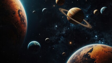 Background design with many planets in space illustration. Space icon set and astronaut 