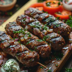 Canvas Print - Grilled Skewers with Onions and Parsley