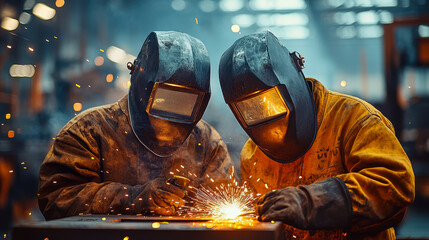 Poster - Industrial Workers Performing Arc Welding in Factory Setting During Daytime with Sparks Flying - Concept of Skilled Labor, Safety Gear, and Construction