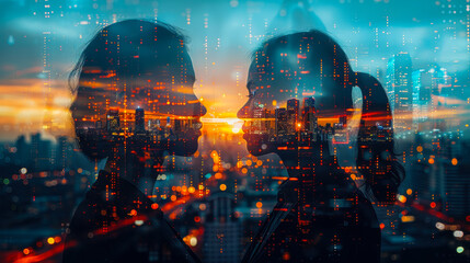 Poster - Double Exposure of Multinational People and Urban Technology at Sunset Illustrating Digital Transformation and System Engineering Concepts