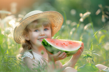  Happy child enjoying watermelon in straw hat in lush green field