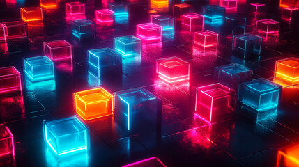 Sticker - Abstract Neon Cubes 3D Background with Glowing Colors and Reflections, Digital Art for Technology and Modern Design Concepts