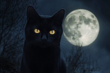 A witchs black cat with glowing eyes on a full moon night background