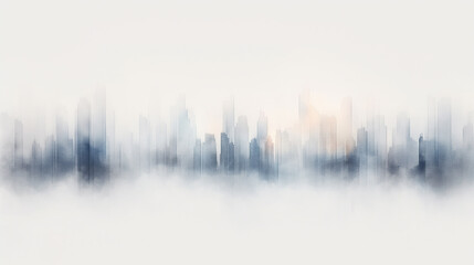 A city skyline is painted in blue and white with a foggy atmosphere