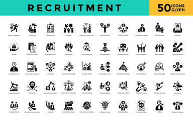 Poster - Recruitment icon set with employee engagement, job interview, assessment test, cultural fit, remote work opportunities, work life balance, employee benefits icon. Simple glyph vector 
