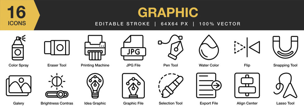 Graphic icon set. Editable Stroke Icon Collection. Includes graphic file, jpg file, pen tool, lasso tools, snapping tool, and More. Outline icons vector collection.