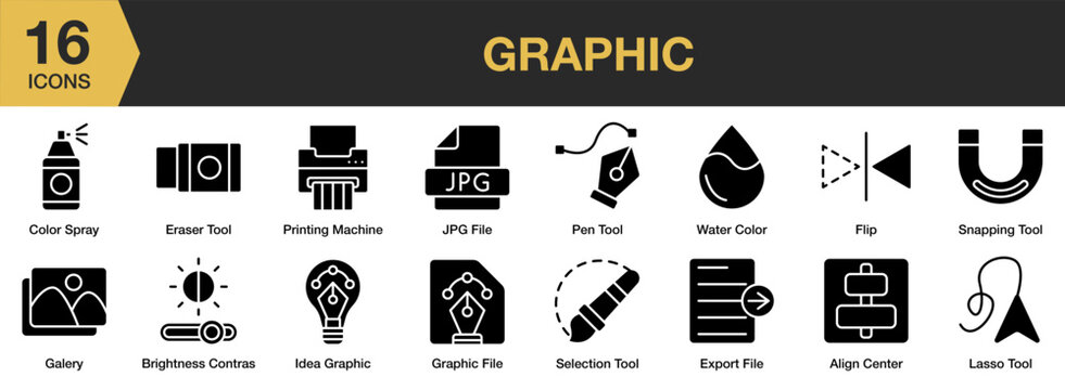 Graphic Glyph icon set. Includes brightness, color spray, eraser tool, export file, flip, galery,  and More. Solid icons vector collection.