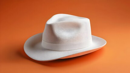 Stylish White Fedora Hat Displaying Elegant Fashion Accessory on Vibrant Orange Background