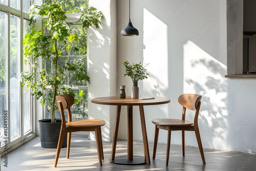 Interior design with wooden round table and chairs. Modern dining room ...