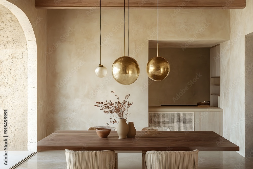 Minimalist interior design of modern dining room with brass pendant ...