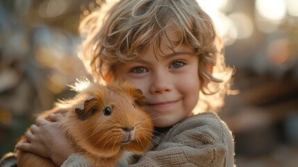 Wall Mural - Smiling Boy Holding a Guinea Pig