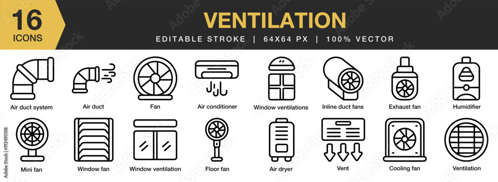 Ventilation icon set. Editable Stroke Icon Collection. Includes air ...
