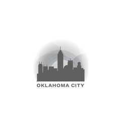 Wall Mural - Oklahoma City skyline, downtown panorama logo, logotype. USA, Oklahoma state badge contour, isolated vector pictogram with memorial, monuments, landmarks, skyscrapers at sunrise, sunset