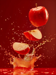 Wall Mural - Apple juice. Whole and slices of a fresh juicy sweet apples levitates and fall into the juice. Red apple on a bright red background, splash and drops. Horizontal photo, advertise.