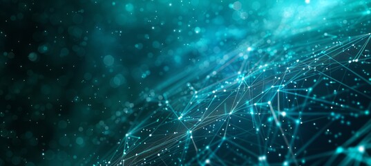 Poster - Dynamic Network of Blue and Green Particles Displaying Interconnected Paths in a Cosmic Setting