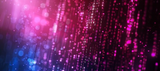 Poster - Vibrant Digital Data Stream Displaying Binary Code in Colorful Light Patterns at Night