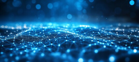 Poster - Abstract Visualization of Dynamic Blue Neural Network Connections in Digital Space at Night