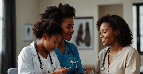 Black people, mother and girl with doctor stethoscope for healthcare consultation and healthy lungs in hospital. African mama, young child and male pediatrician with check breathing for wellness 