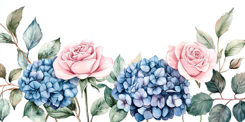 Wall Mural - Watercolor blue hydrangeas and pink roses, generative AI