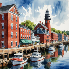 Poster - Watercolor illustration of The Portland Old Port District in Portland, Maine. Capture the historic and vibrant character of this popular waterfront area.