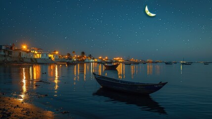 Wall Mural - Night sky over a peaceful coastal town